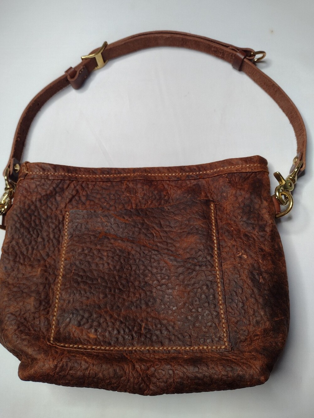 Handmade Thick Pebbled Leather Shoulder Tote Bag Brown Raw Edge Purse NN